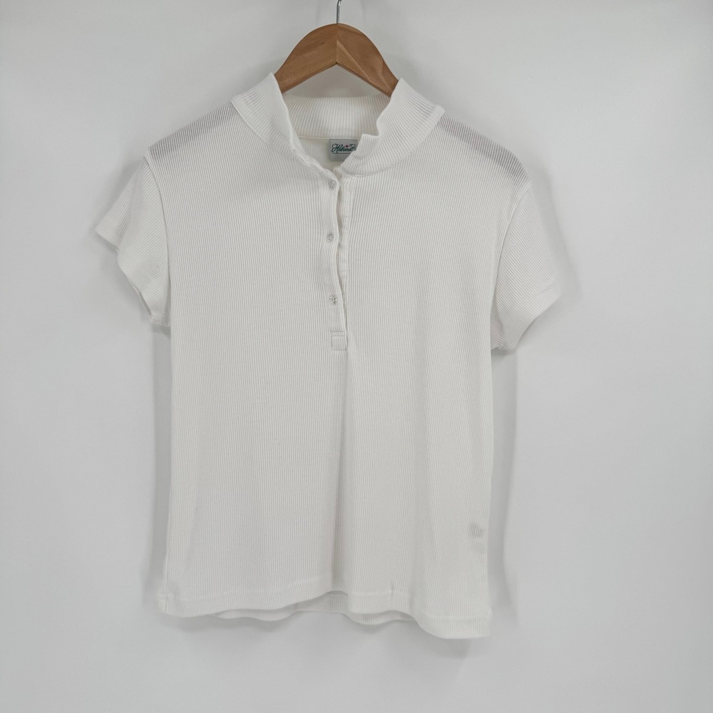 Haband White Ribbed 3-Button Stand-Up Collar Short Sleeve Shirt‎ Women's M